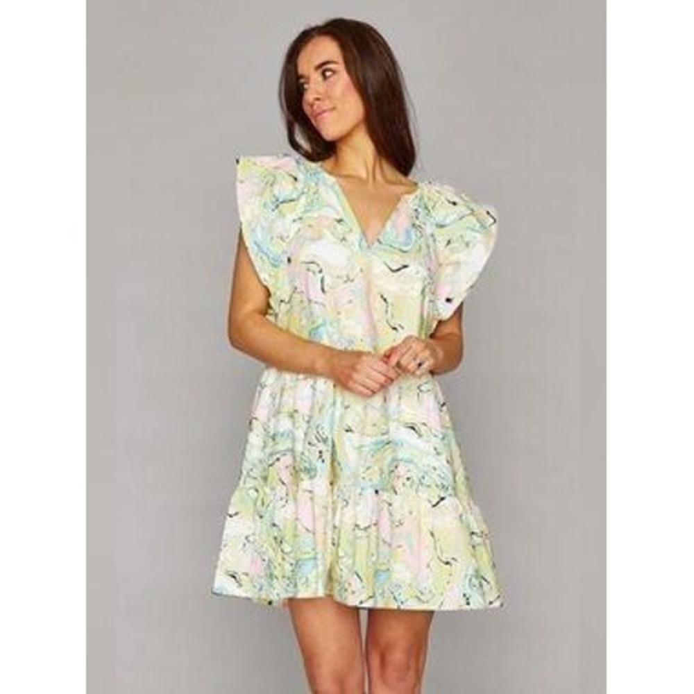 Buddy Love Ronnie-1 Pastel Marble Tiered Mini Dress V-Neck Flutter Sleeve Medium